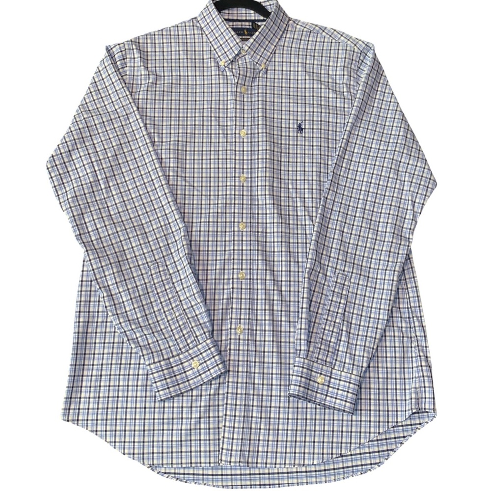 Ralph Lauren Mens Button Down Blue White Check Classic Fit Performance Large